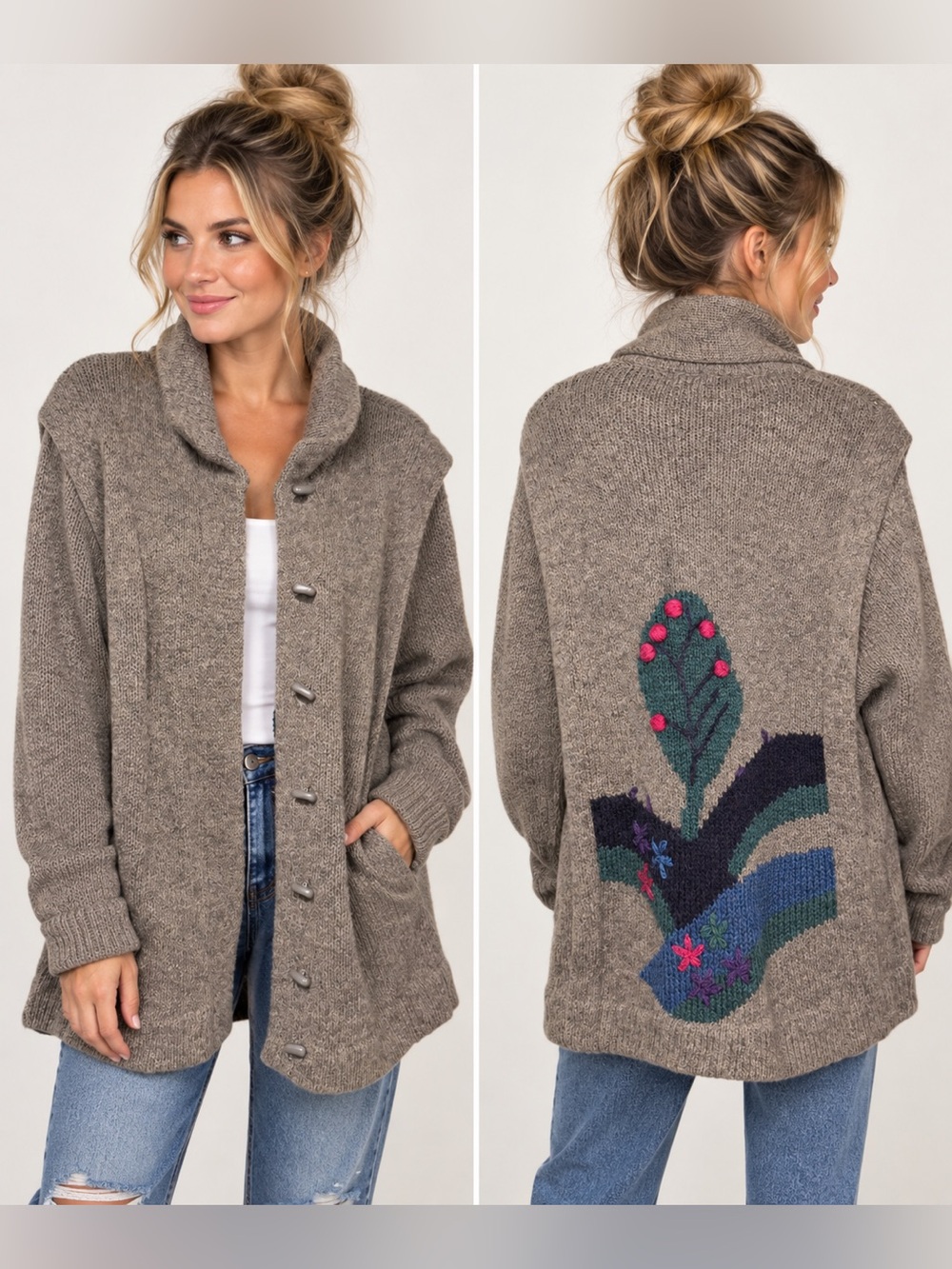 LeRoy Knitwear Vintage Chunky Wool Blend Cardigan Sweater Jacket Folk Art Floral